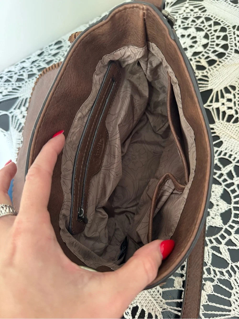 Justin Boots Tooled Brown Leather Crossbody Bag